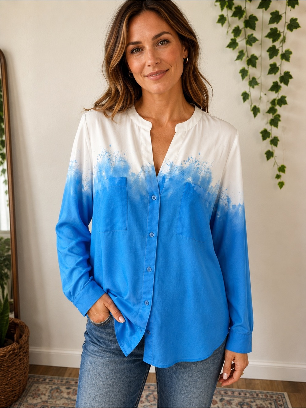Calvin Klein Blue Ombre Button Front Blouse XL Lightweight Roll Tab Sleeve Top